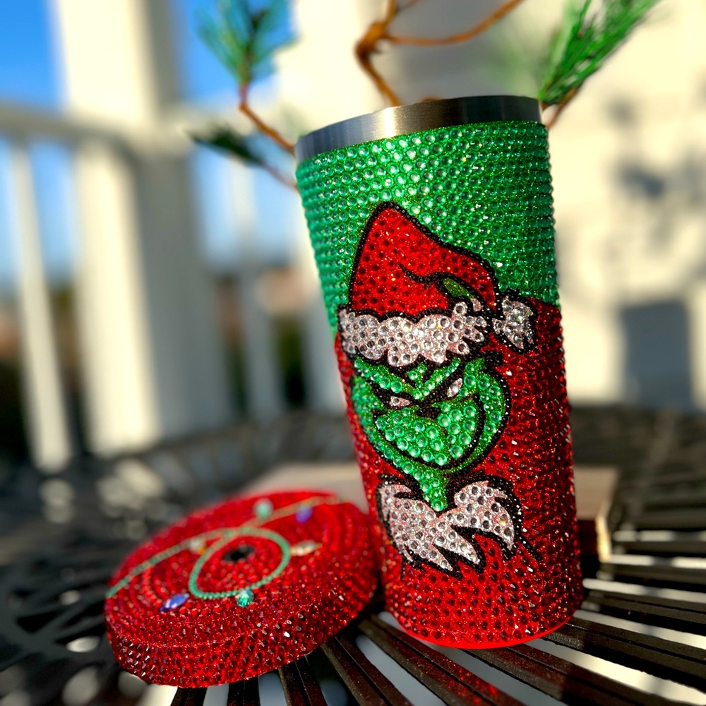 Rhinestone bling grinch Christmas tumbler